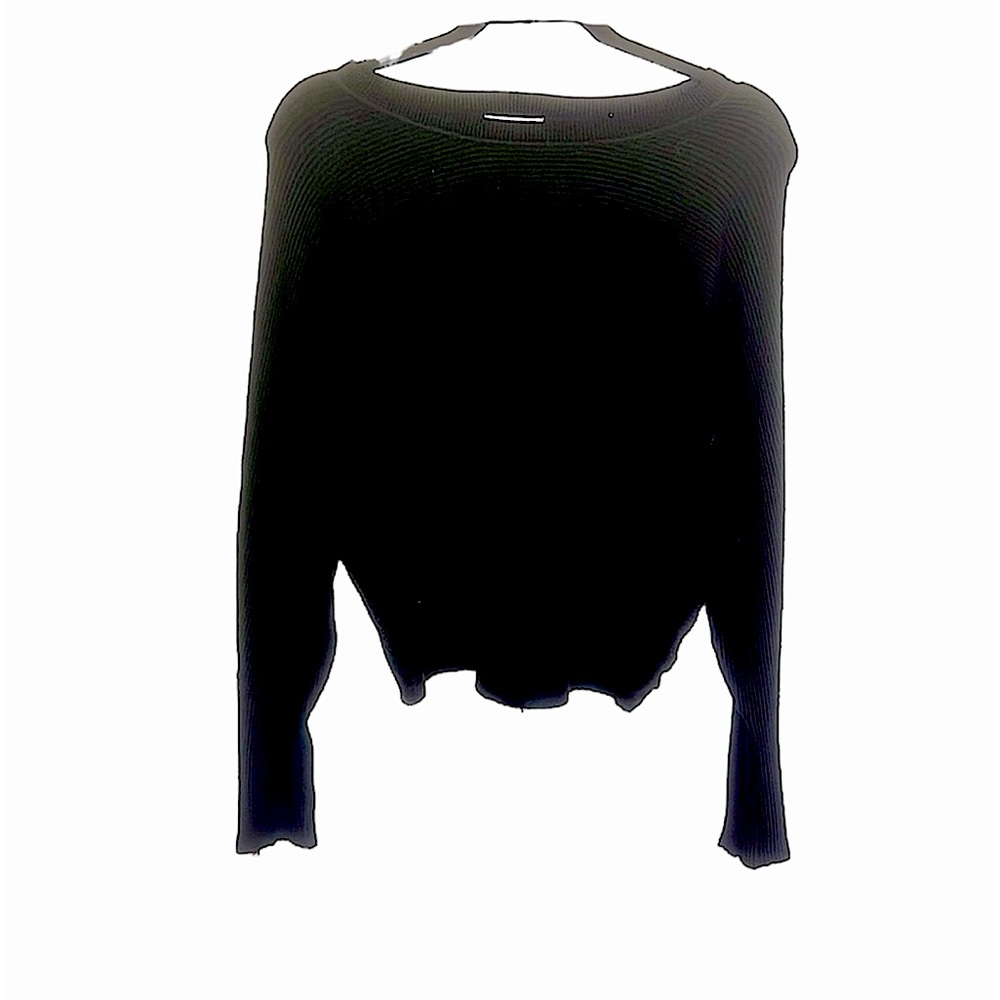Carmen Black Cropped Long Sleeve Rib Knit Sweater with Zipper Detail Sleeves L